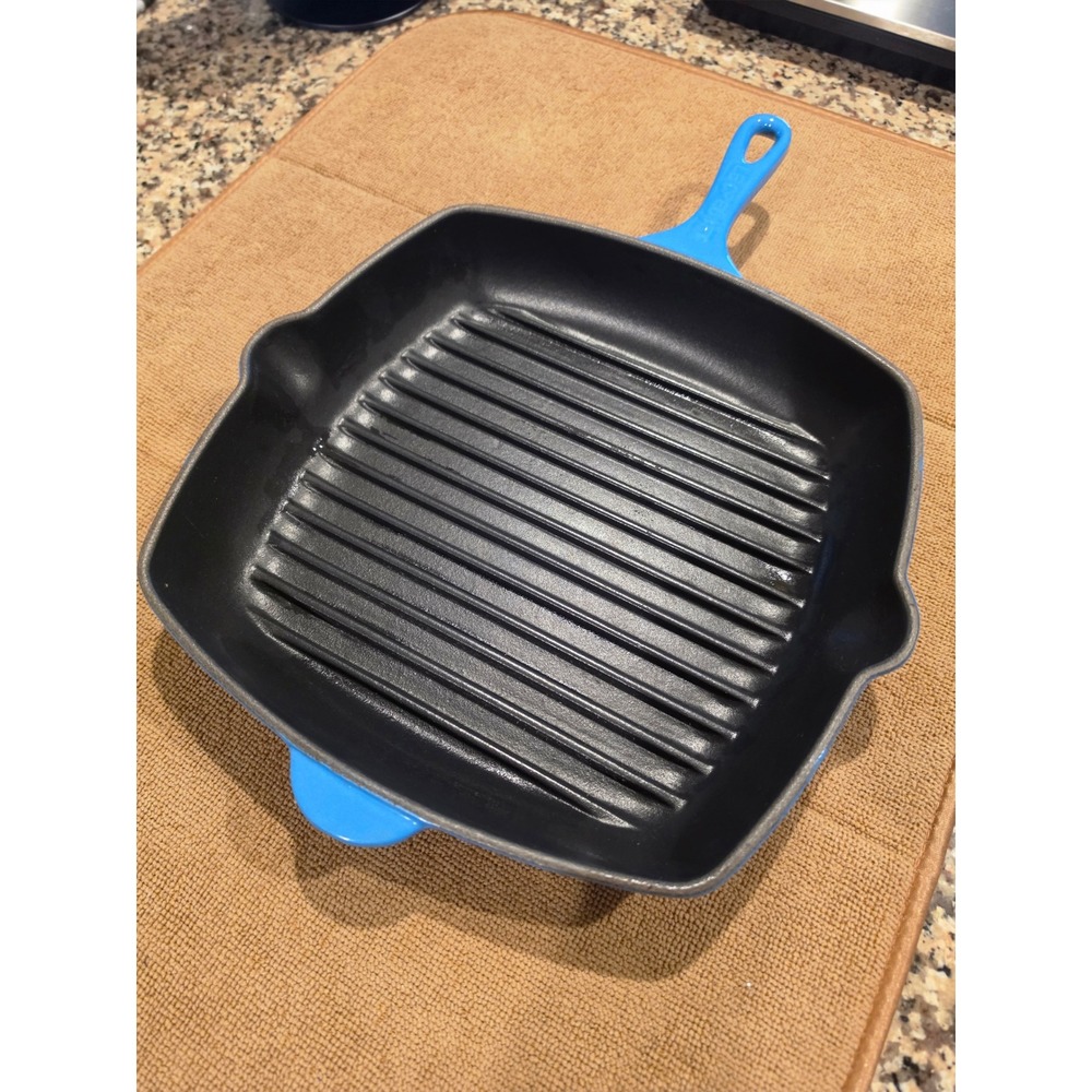 Le Creuset Marseille Blue Enameled Cast Iron Square Grill Pan Skillet 10.25in